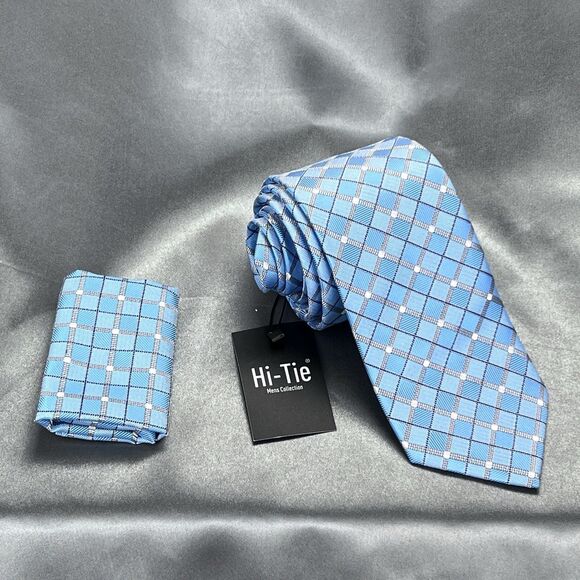 Hi-Tie Men’s 100% Silk Tie Handkerchief Set Geometric Blue Silver Wedding Prom - Picture 1 of 11